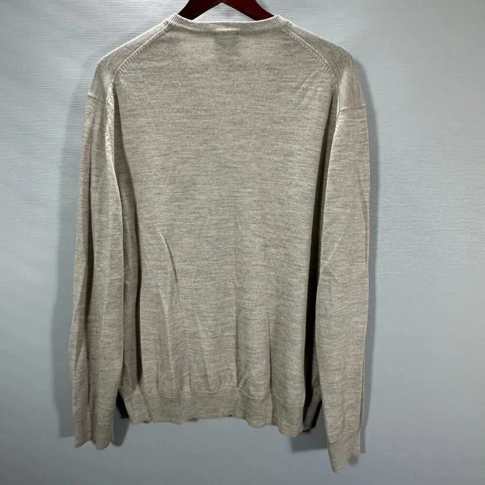 Jos A Bank Sweater Mens XL Traveler Beige Merino Wool V Neck Ribbed Cuffs Hem